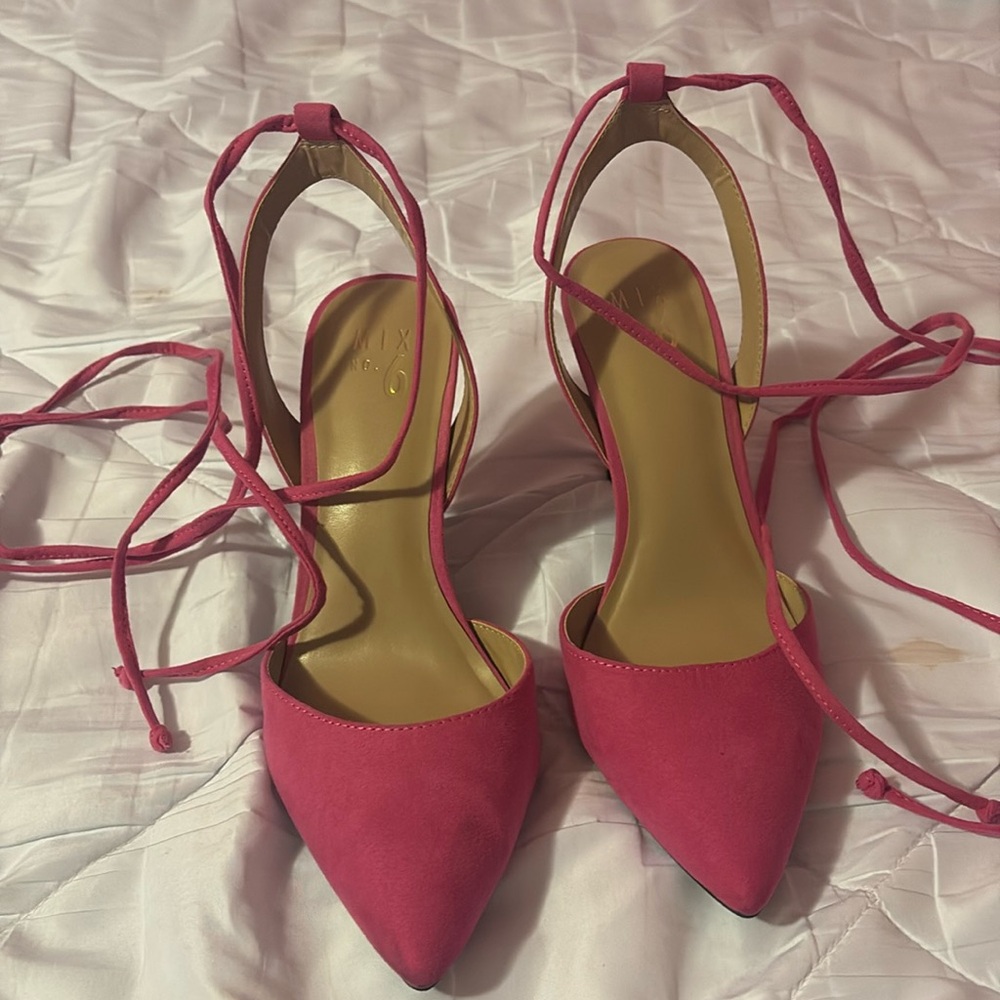 Pink ankle wrap heels, never worn